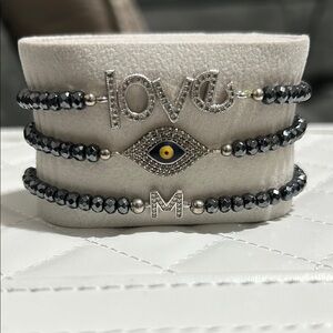 3 Silver and Black Beaded Bracelet Set